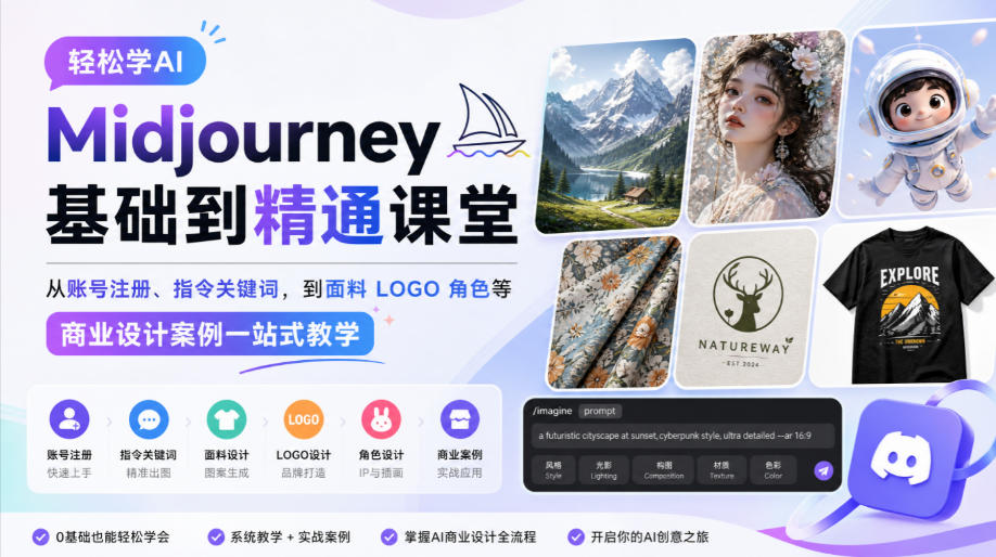 轻松学AI Midjourney基础到精通课堂，从账号注册、指令关键词，到面料LOGO角色等商业设计案例一站式教学-1.jpeg