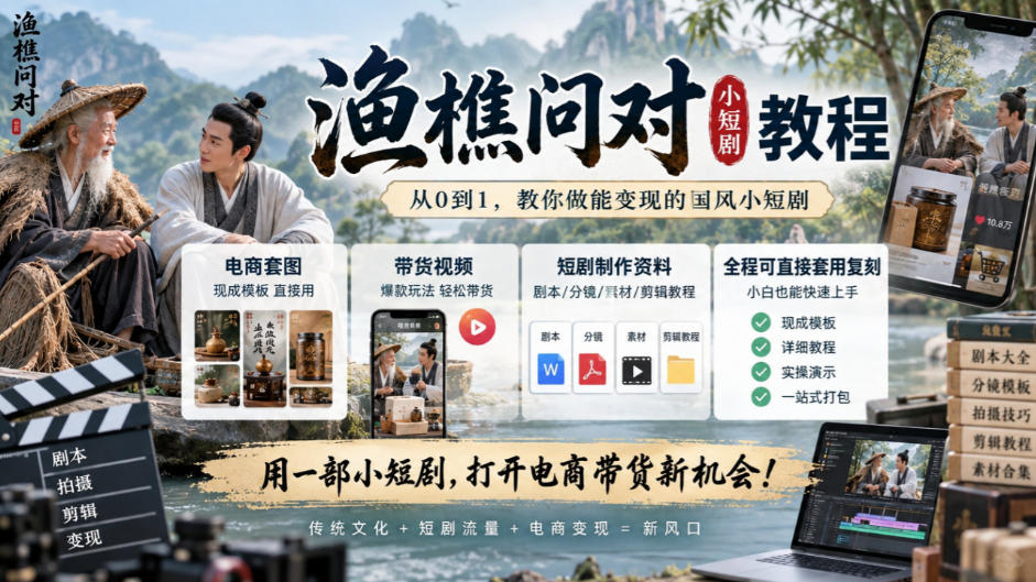 渔樵问对小短剧教程，包含电商套图、带货视频，短剧制作资料，全程可直接套用复刻-1.jpeg