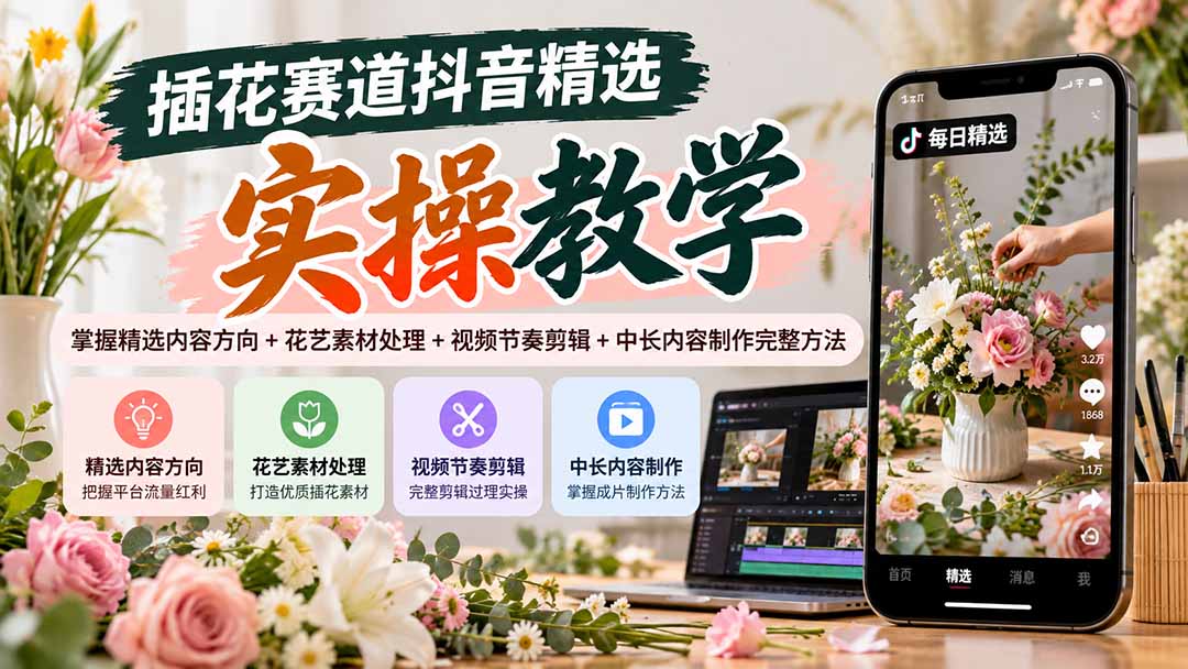 插花赛道抖音精选实操教学：掌握精选内容方向+花艺素材处理+视频节奏剪辑+中长内容制作完整方法-1.jpeg