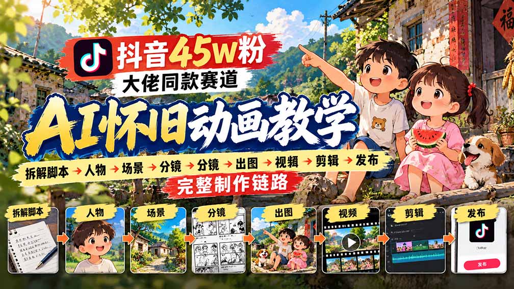 抖音45W粉大佬同款赛道AI怀旧动画教学：拆解脚本→人物→场景→分镜→出图→视频→剪辑→发布完整制作链路-1.jpeg