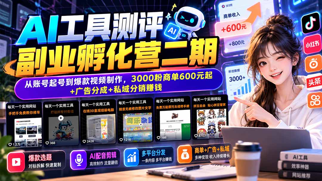 AI工具测评副业孵化营二期：从账号起号到爆款视频制作，3000粉商单600元起+广告分成+私域分销赚钱-1.jpeg