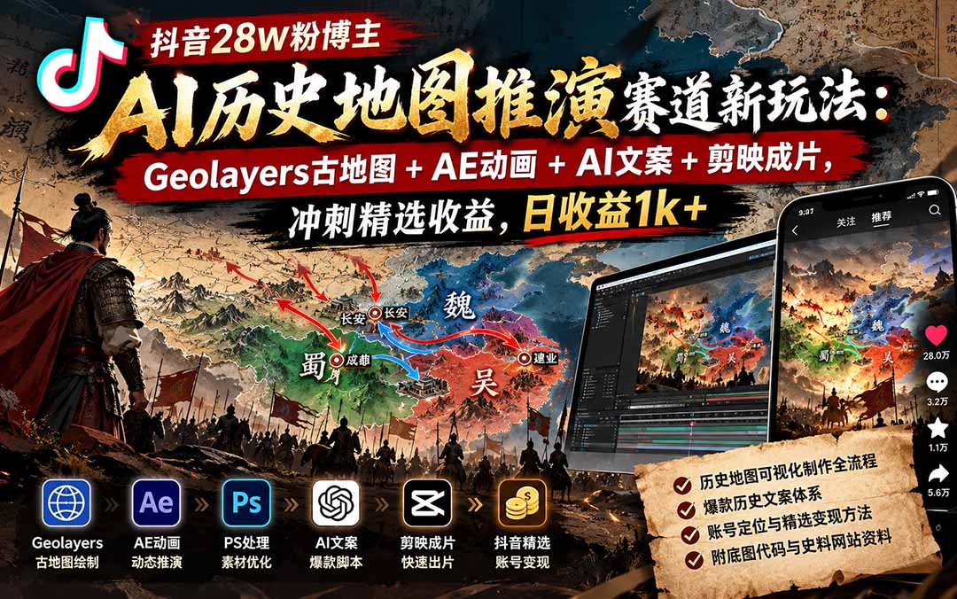 抖音28W粉博主AI历史地图推演赛道新玩法：Geolayers古地图+AE动画+AI文案+剪映成片，冲刺精选收益，日收益1k+-2.jpeg