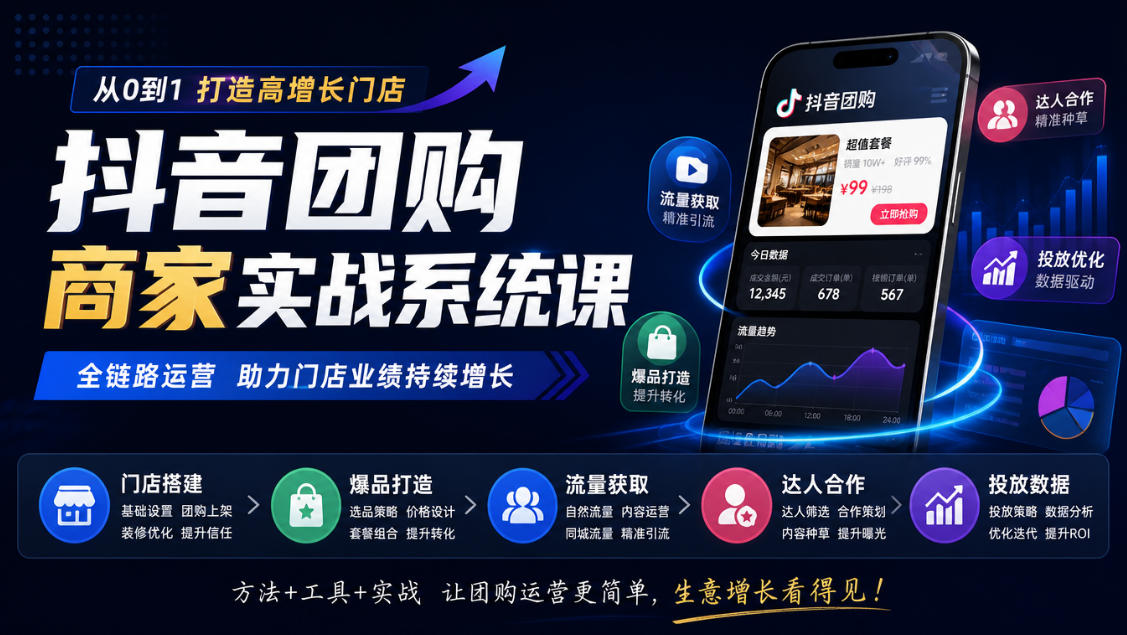 抖音团购商家实战系统课｜门店搭建、爆品打造、流量获取、达人合作、投放数据全链路运营-1.jpeg