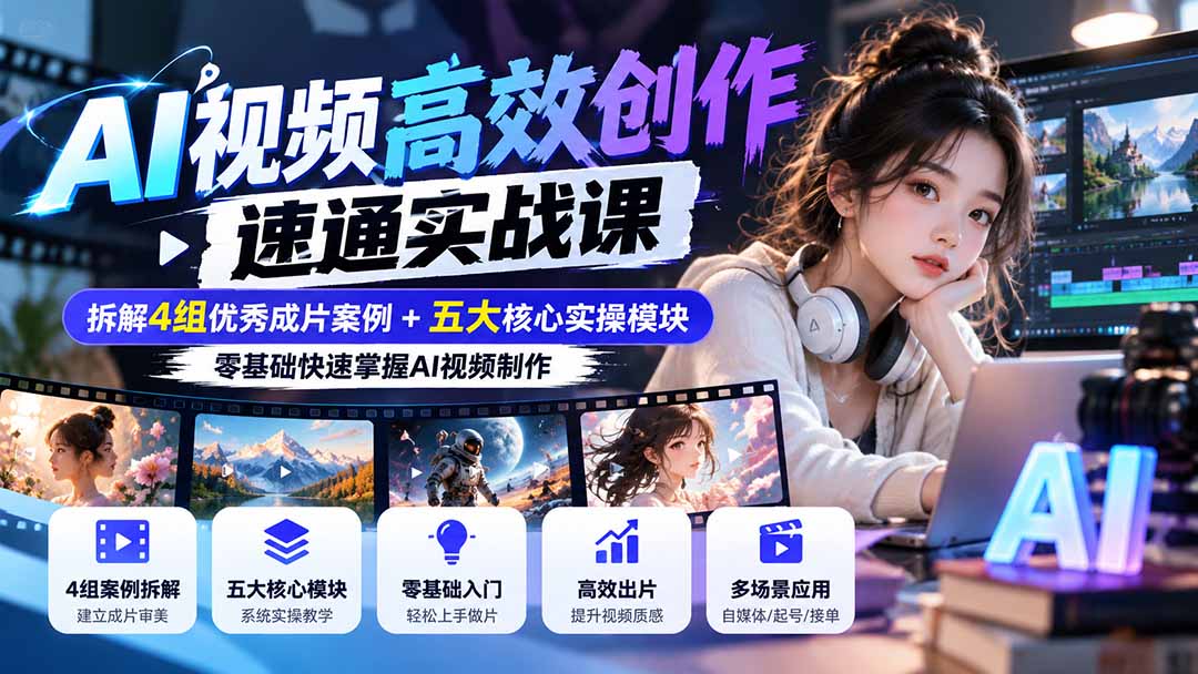 【无水印】AI视频高效创作速通实战课：拆解4组优秀成片案例+五大核心实操模块，零基础快速掌握AI视频制作-1.jpeg