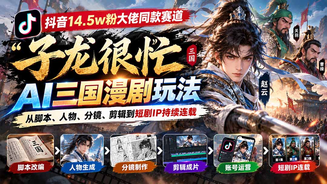 抖音14.5w粉大佬同款赛道「子龙很忙」AI三国漫剧玩法：从脚本、人物、分镜、剪辑到短剧IP持续连载-1.jpeg