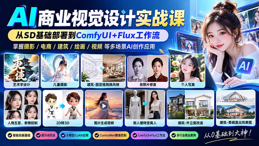 【无水印】AI商业视觉设计实战课：从SD基础部署到ComfyUI+Flux工作流，掌握摄影电商建筑AI创作-1.jpeg