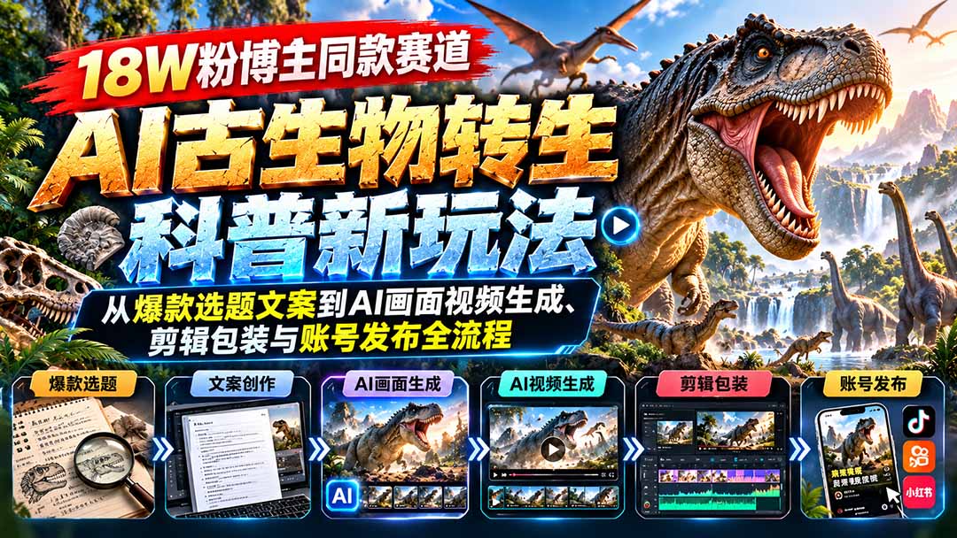 18W粉博主同款赛道-AI古生物转生科普新玩法：从爆款选题文案到AI画面视频生成、剪辑包装与账号发布全流程-1.jpeg
