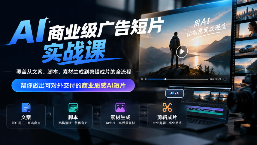 AI商业级广告短片实战课，覆盖从文案、脚本、素材生成到剪辑成片的全流程，帮你做出可对外交付的商业质感AI短片-1.jpeg
