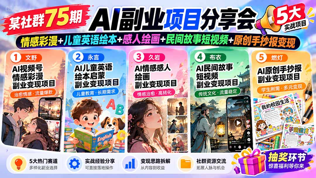 某社群75期AI副业项目分享会：情感彩漫+儿童英语绘本+感人绘画+民间故事短视频+原创手抄报变现-1.jpeg