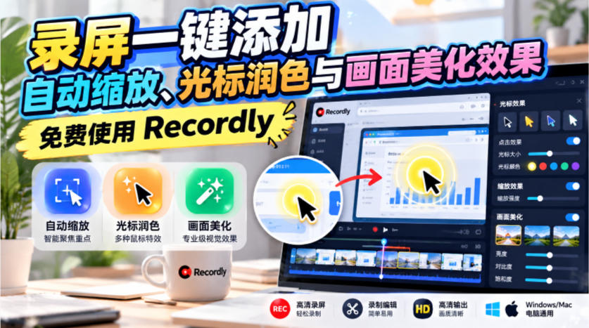录屏一键添加自动缩放、光标润色与画面美化效果，免费使用Recordly-1.jpeg