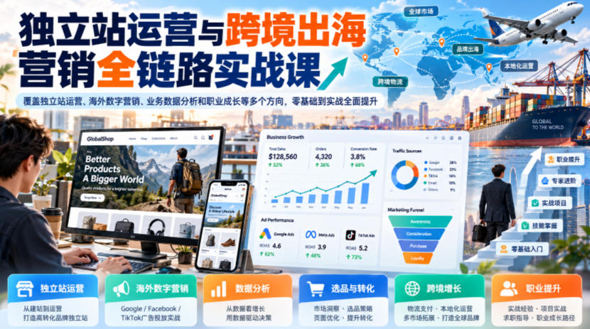 独立站运营与跨境出海营销全链路实战课，覆盖独立站运营、海外数字营销、业务数据分析和职业成长等多个方向，零基础到实战全面提升-1.jpeg
