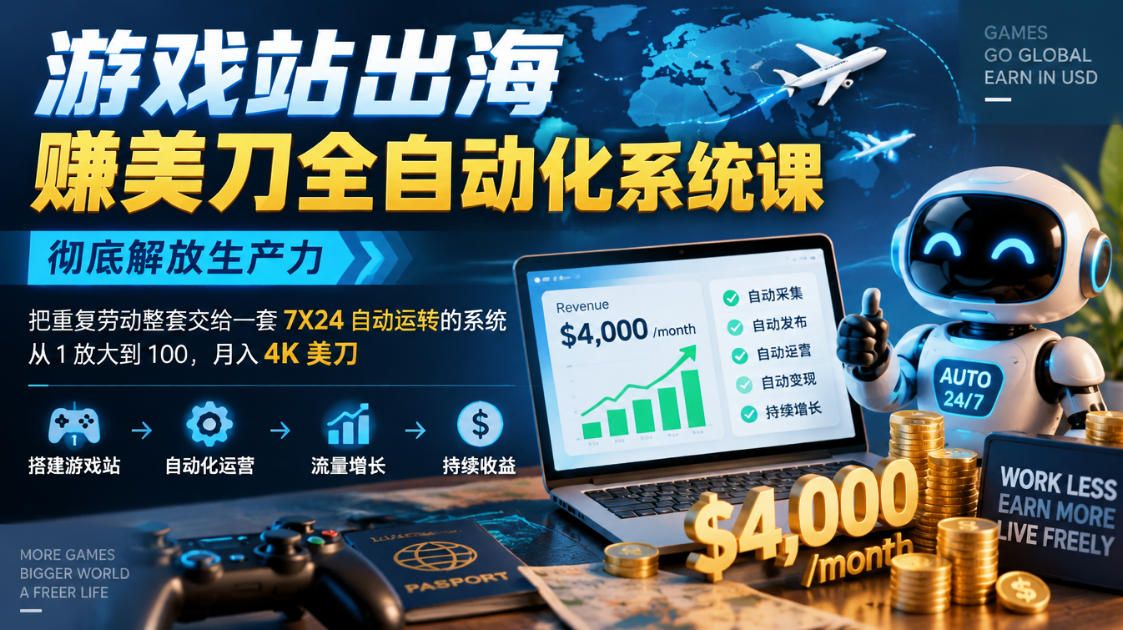 游戏站出海賺美刀全自动化系统课，彻底解放生产力–把重复劳动整套交给一套7X24自动运转的系统，从1放大到100，月入4K美刀-1.jpeg