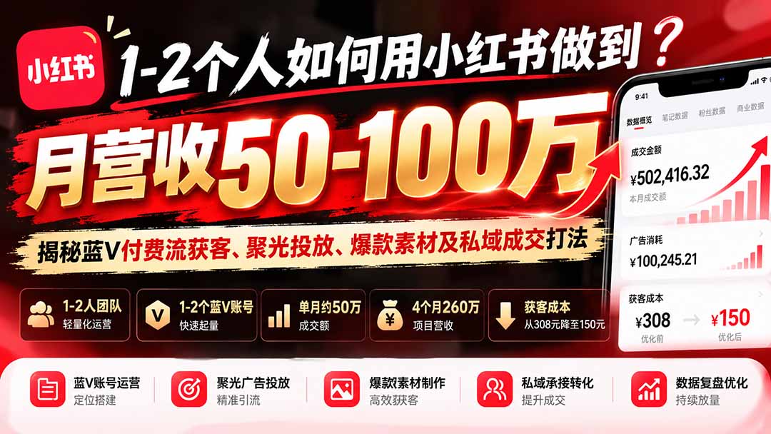 1-2个人如何用小红书做到月营收50-100万？揭秘蓝V付费流获客、聚光投放、爆款素材及私域成交打法-1.jpeg