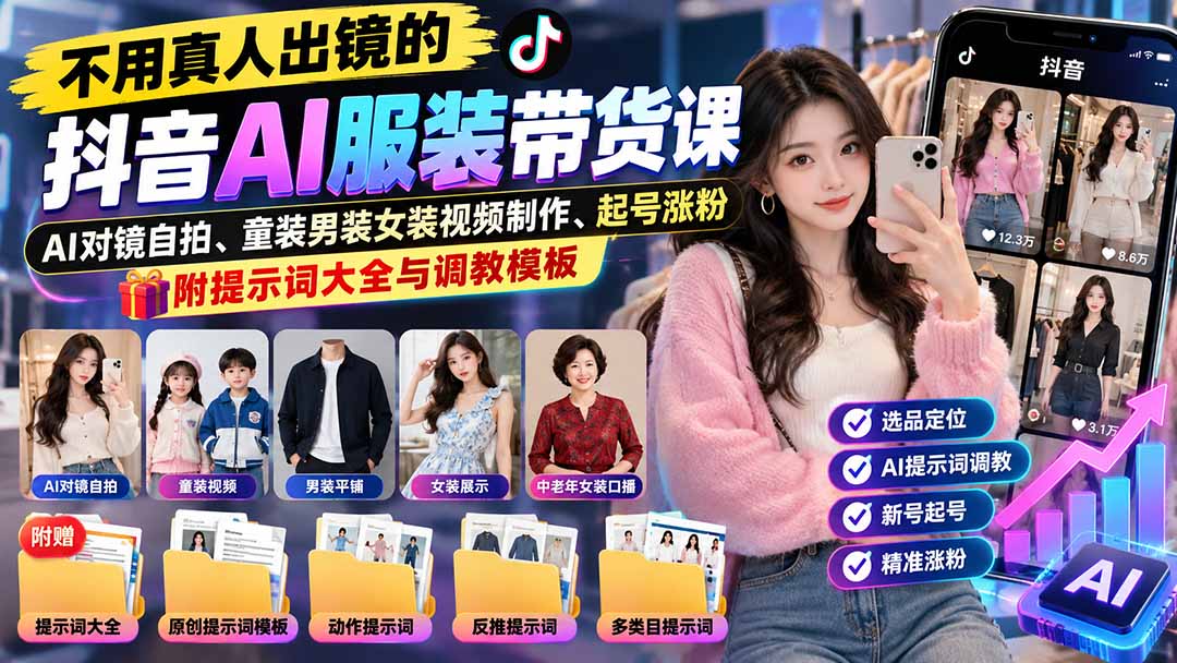 不用真人出镜的抖音AI服装带货课：AI对镜自拍、童装男装女装视频制作、起号涨粉，附提示词大全与调教模板-1.jpeg