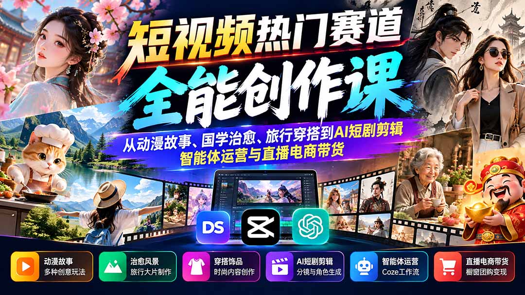 短视频热门赛道全能创作课：从动漫故事、国学治愈、旅行穿搭到AI短剧剪辑、智能体运营与直播电商带货-1.jpeg