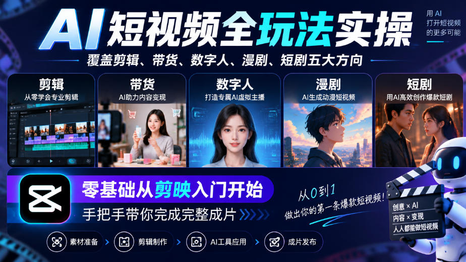 AI短视频全玩法实操，覆盖剪辑、带货、数字人、漫剧、短剧五大方向，零基础从剪映入门开始，手把手带你完成完整成片-1.jpeg