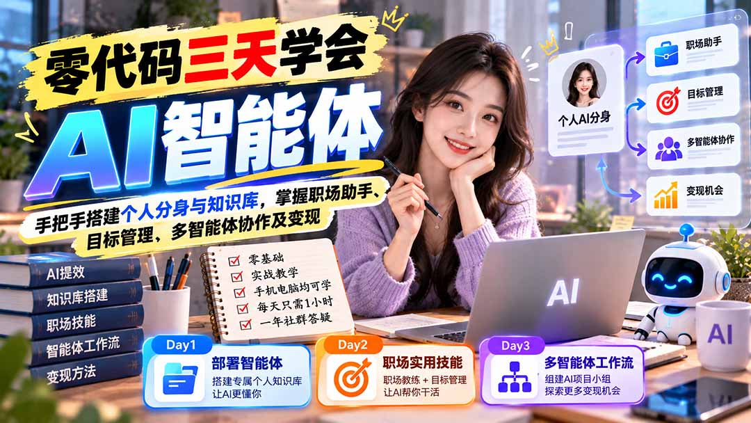 【无水印】零代码三天学会AI智能体：手把手搭建个人分身与知识库，掌握职场助手、目标管理、多智能体协作及变现-1.jpeg