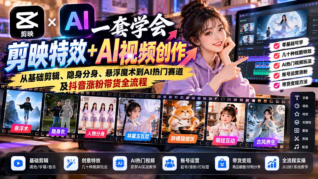 一套学会剪映特效+AI视频创作：从基础剪辑、隐身分身、悬浮魔术到AI热门赛道及抖音涨粉带货全流程-1.jpeg