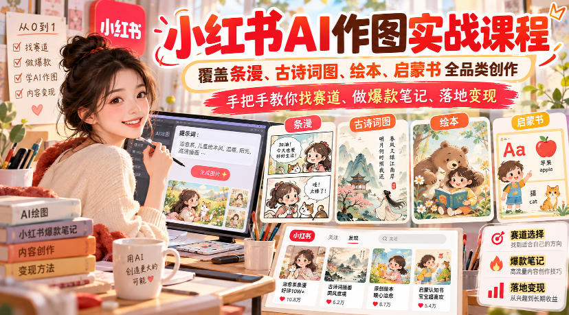 小红书AI作图实战课程，覆盖条漫、古诗词图、绘本、启蒙书全品类创作，手把手教你找赛道、做爆款笔记、落地变现(更新1017)-1.jpeg