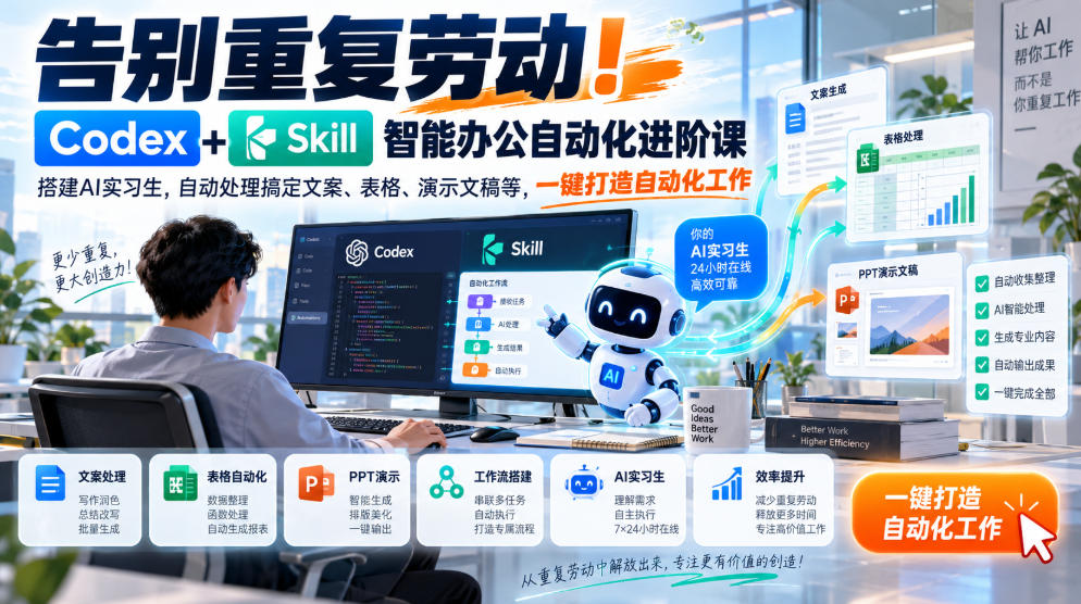 告别重复劳动！Codex+Skill智能办公自动化进阶课｜搭建AI实习生，自动处理搞定文案、表格、演示文稿等，一键打造自动化工作-1.jpeg