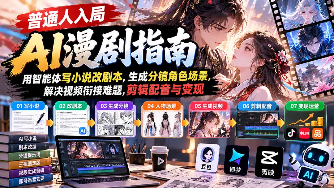 【无水印】普通人入局AI漫剧指南：用智能体写小说改剧本，生成分镜角色场景，解决视频衔接难题，剪辑配音与变现-1.jpeg