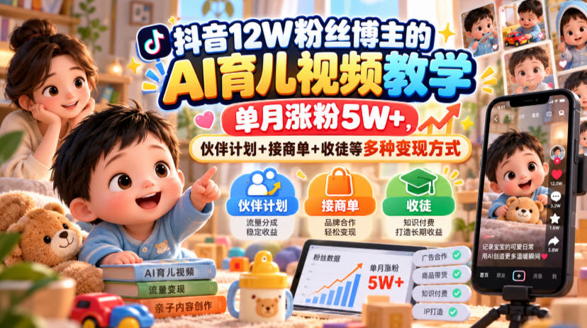抖音12W粉丝博主的AI育儿视频教学，单月涨粉5W+，伙伴计划+接商单+收徒等多种变现方式-1.jpeg