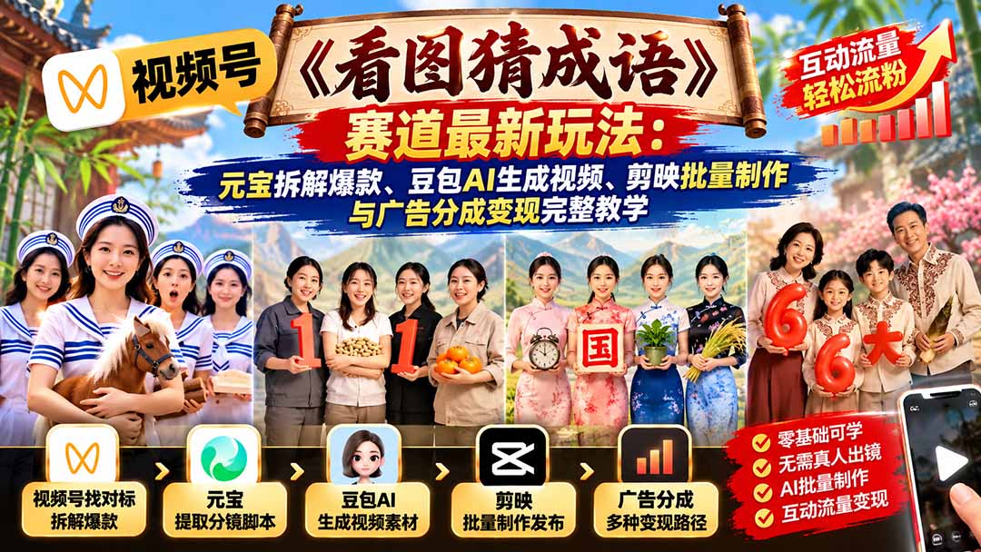视频号《看图猜成语》赛道最新玩法：元宝拆解爆款、豆包AI生成视频、剪映批量制作与广告分成变现完整教学-1.jpeg