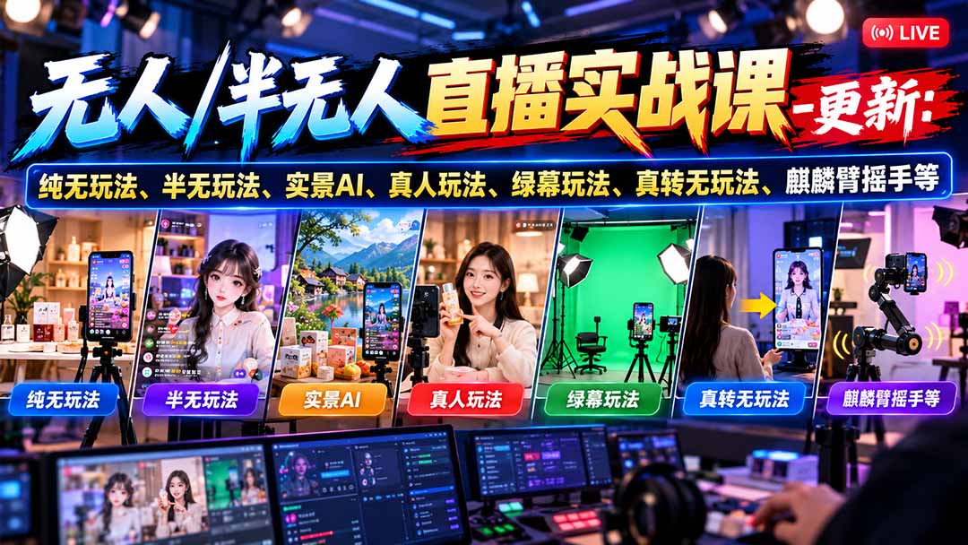 无人/半无人直播实战课-10月20更新：纯无玩法、半无玩法、实景AI、真人玩法、绿幕玩法、真转无玩法、麒麟臂摇手等-1.jpeg