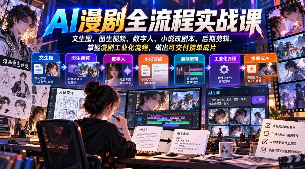 AI漫剧全流程实战课，文生图、图生视频、数字人、小说改剧本、后期剪辑，掌握漫剧工业化流程，做出可交付接单成片-1.jpeg