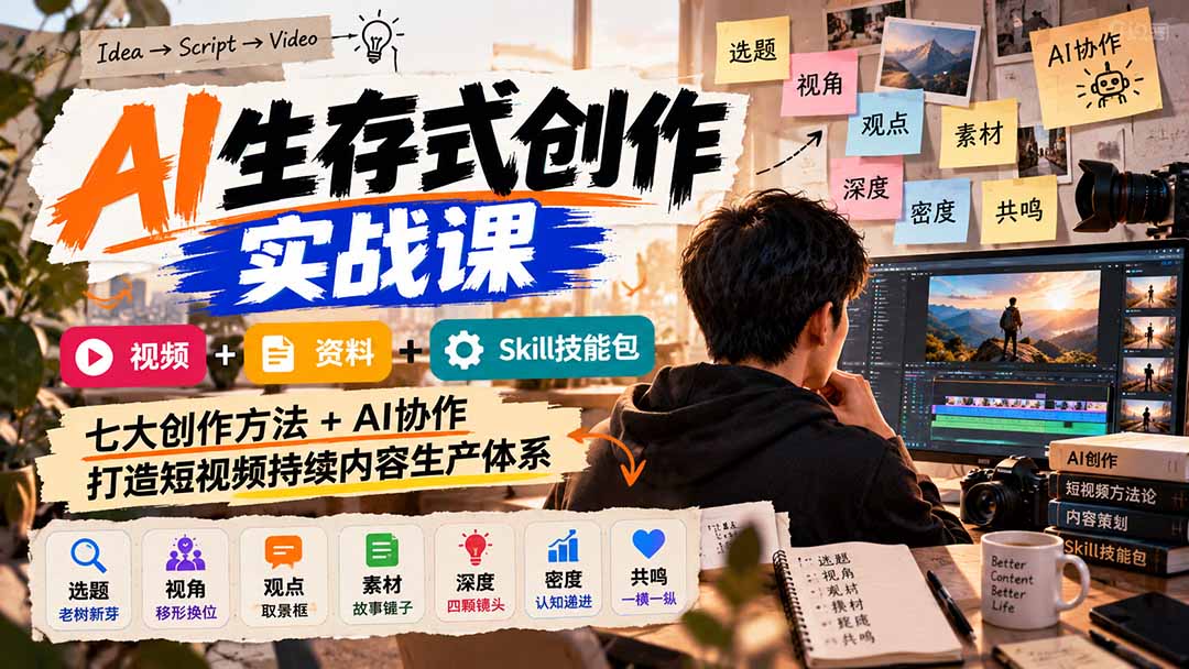 AI生存式创作实战课：视频+资料+Skill技能包，七大创作方法+AI协作，打造短视频持续内容生产体系-1.jpeg