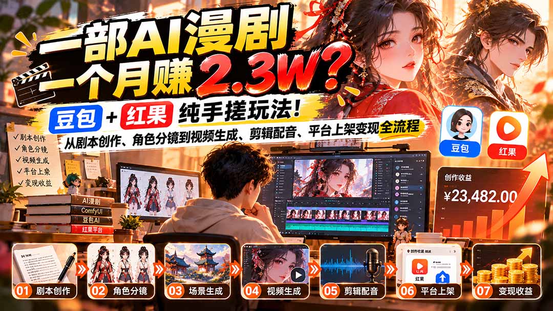 一部AI漫剧一个月赚2.3W？豆包+红果纯手搓玩法！从剧本创作、角色分镜到视频生成、剪辑配音、平台上架变现全流程-1.jpeg
