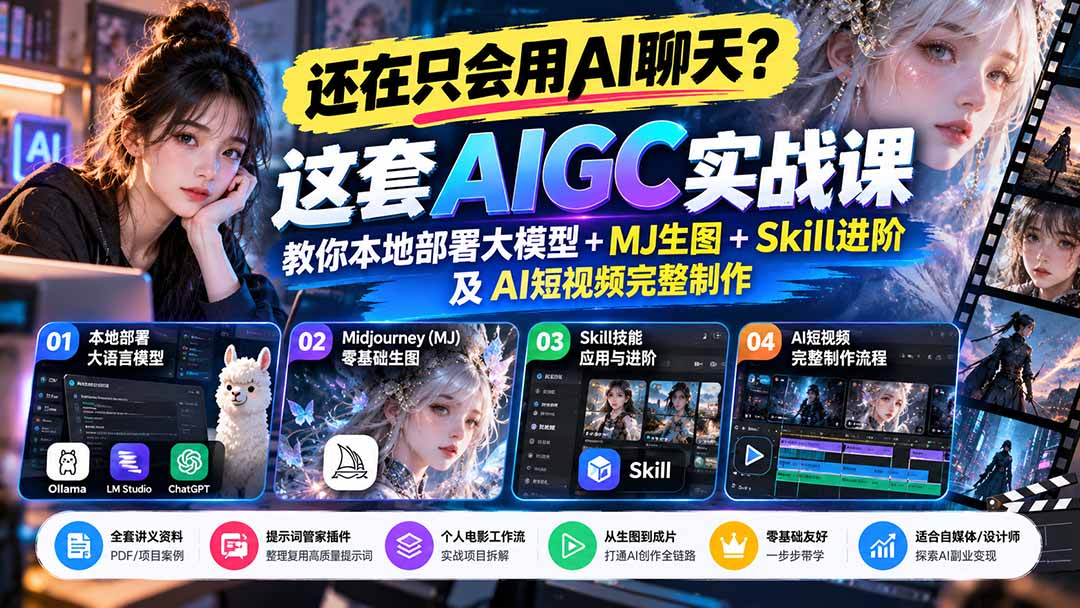 【无水印】还在只会用AI聊天？这套AIGC实战课教你本地部署大模型+MJ生图+Skill进阶及AI短视频完整制作-1.jpeg