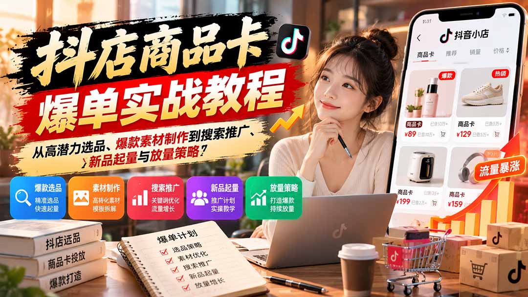 抖店商品卡爆单实战教程：从高潜力选品、爆款素材制作到搜索推广、新品起量与放量策略-1.jpeg