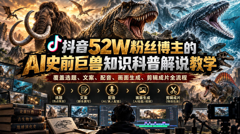 抖音52W粉丝博主的AI史前巨兽知识科普解说教学，覆盖选题、文案、配音、画面生成、剪辑成片全流程-1.jpeg