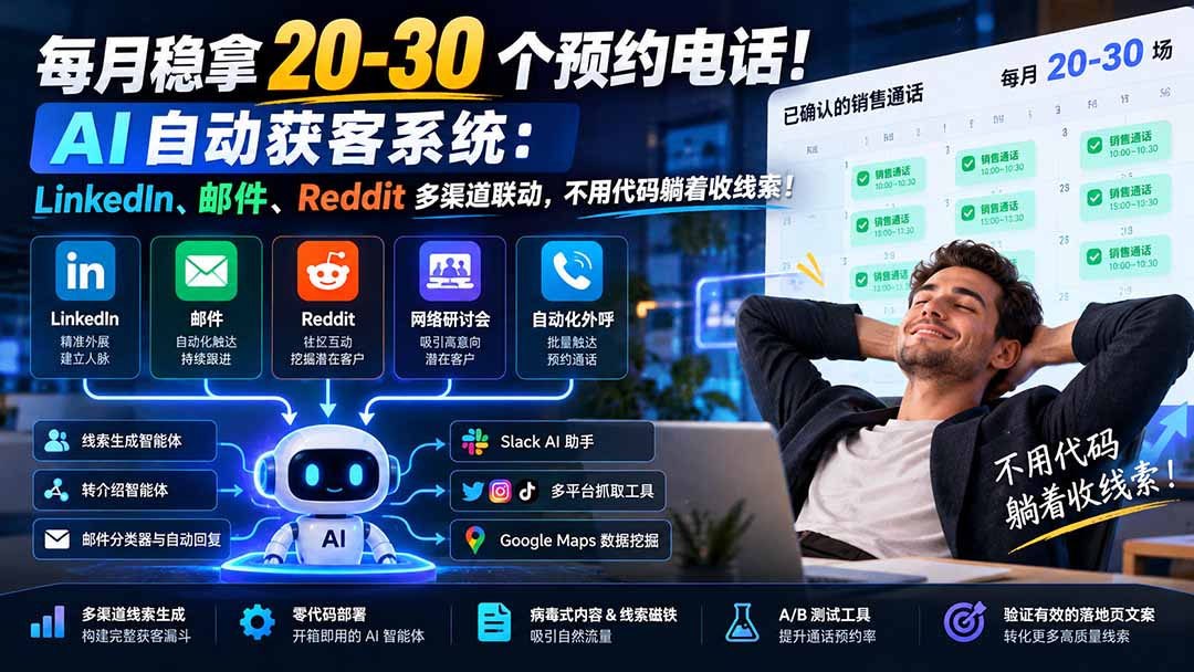 每月稳拿 20-30 个预约电话！AI 自动获客系统：LinkedIn、邮件、Reddit 多渠道联动，不用代码躺着收线索！-1.jpeg