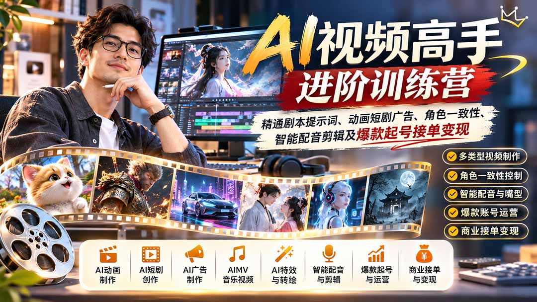 AI视频高手进阶训练营：精通剧本提示词、动画短剧广告、角色一致性、智能配音剪辑及爆款起号接单变现-1.jpeg