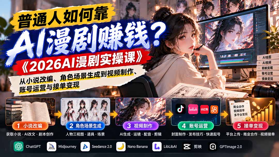 普通人如何靠AI漫剧赚钱？《2026AI漫剧实操课》从小说改编、角色场景生成到视频制作、账号运营与接单变现-1.jpeg