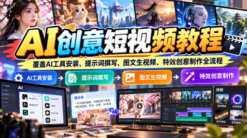 AI创意短视频教程，覆盖AI工具安装、提示词撰写、图文生视频、特效创意制作全流程-1.jpeg