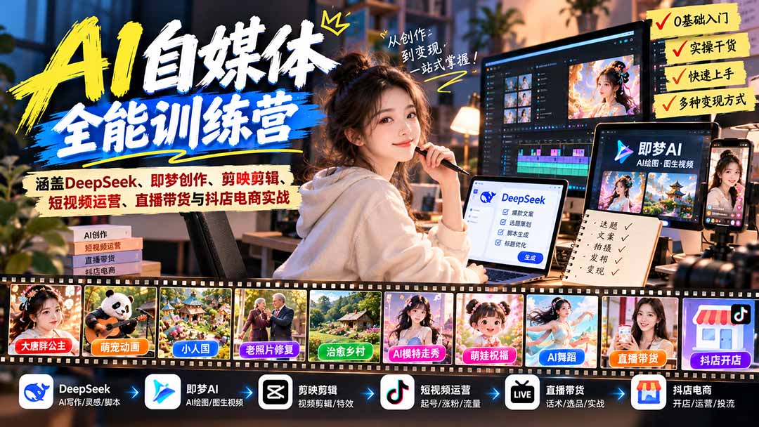 【无水印】AI+自媒体全能训练营：涵盖DeepSeek、即梦创作、剪映剪辑、短视频运营、直播带货与抖店电商实战-1.jpeg