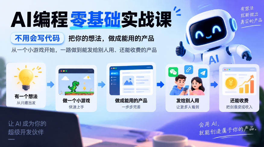 AI编程零基础实战课，不用会写代码，把你的想法，做成能用的产品，从一个小游戏开始，一路做到能发给别人用、还能收费的产品-1.jpeg