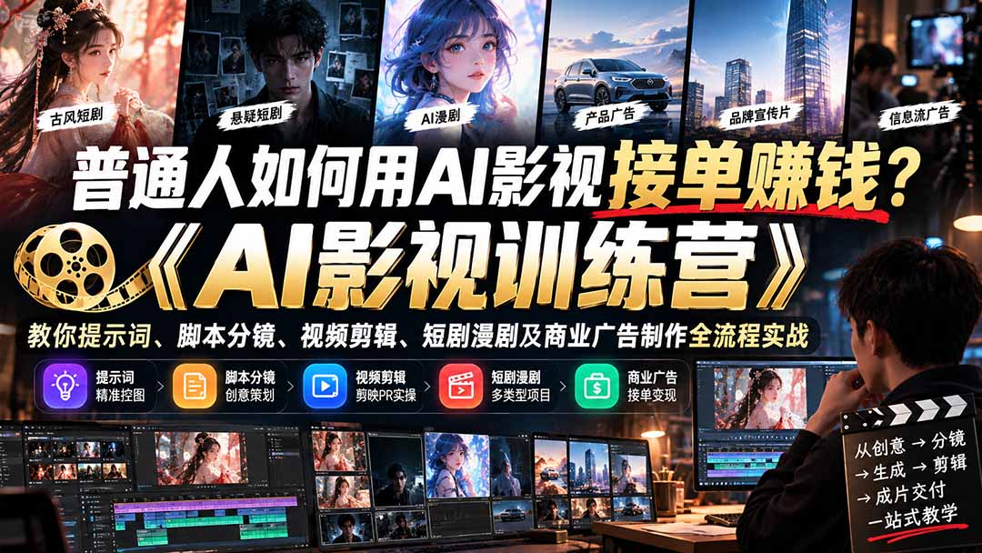 普通人如何用AI影视接单赚钱？《AI影视训练营》教你提示词、脚本分镜、视频剪辑、短剧漫剧及商业广告制作全流程实战-1.jpeg
