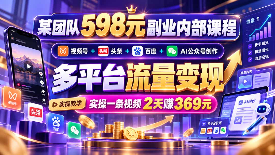 某团队598元副业内部课程：视频号+头条+百度+AI公众号创作、多平台流量变现，实操一条视频2天赚369元-1.jpeg