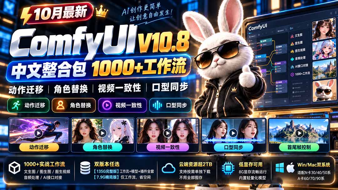 10月最新ComfyUI V10.8中文整合包 1000+工作流 动作迁移 角色替换 视频一致性 口型同步 低显存可用-1.jpeg
