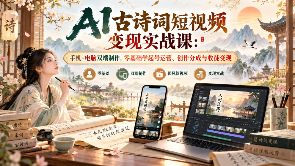 AI古诗词短视频变现实战课：手机+电脑双端制作，零基础学起号运营、创作分成与收徒变现-1.jpeg