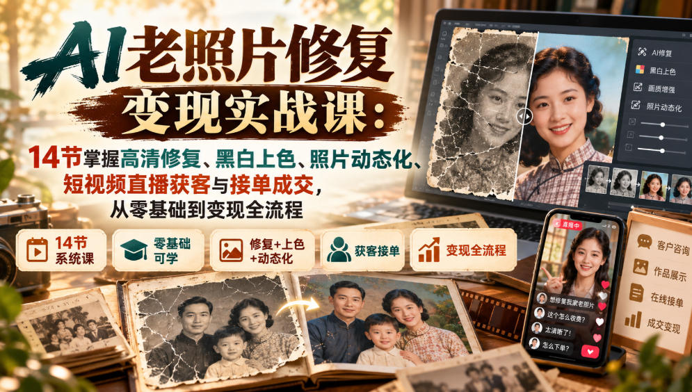 AI老照片修复变现实战课：14节掌握高清修复、黑白上色、照片动态化、短视频直播获客与接单成交，从零基础到变现全流程-1.jpeg