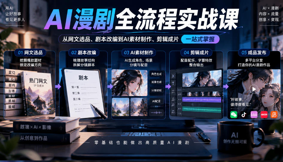 AI漫剧全流程实战课，覆盖从网文选品、剧本改编到AI素材制作、剪辑成片的完整链路-1.jpeg