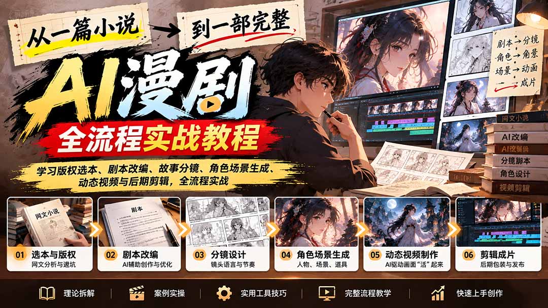 从一篇小说到一部完整AI漫剧：学习版权选本、剧本改编、故事分镜、角色场景生成、动态视频与后期剪辑-1.jpeg