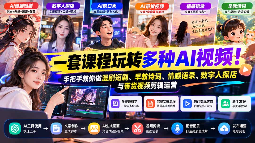 【无水印】一套课程玩转多种AI视频！手把手教你做漫剧短剧、早教诗词、情感语录、数字人探店与带货视频剪辑运营-1.jpeg