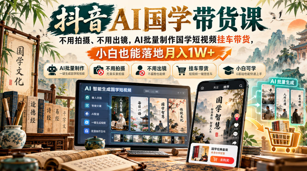抖音AI国学带货课，不用拍摄、不用出镜，AI批量制作国学短视频挂车带货，小白也能落地月入1W+-1.jpeg