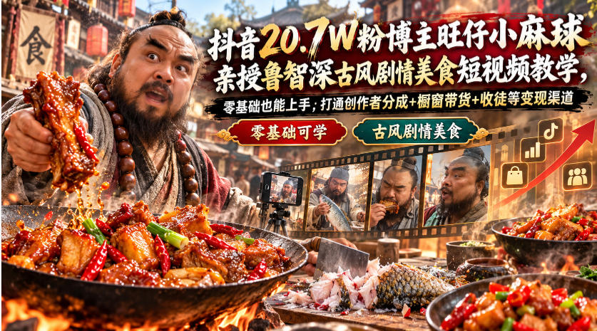 抖音20.7W粉博主旺仔小麻球亲授鲁智深古风剧情美食短视频教学，零基础也能上手，打通创作者分成+橱窗带货+收徒等变现渠道-1.jpeg
